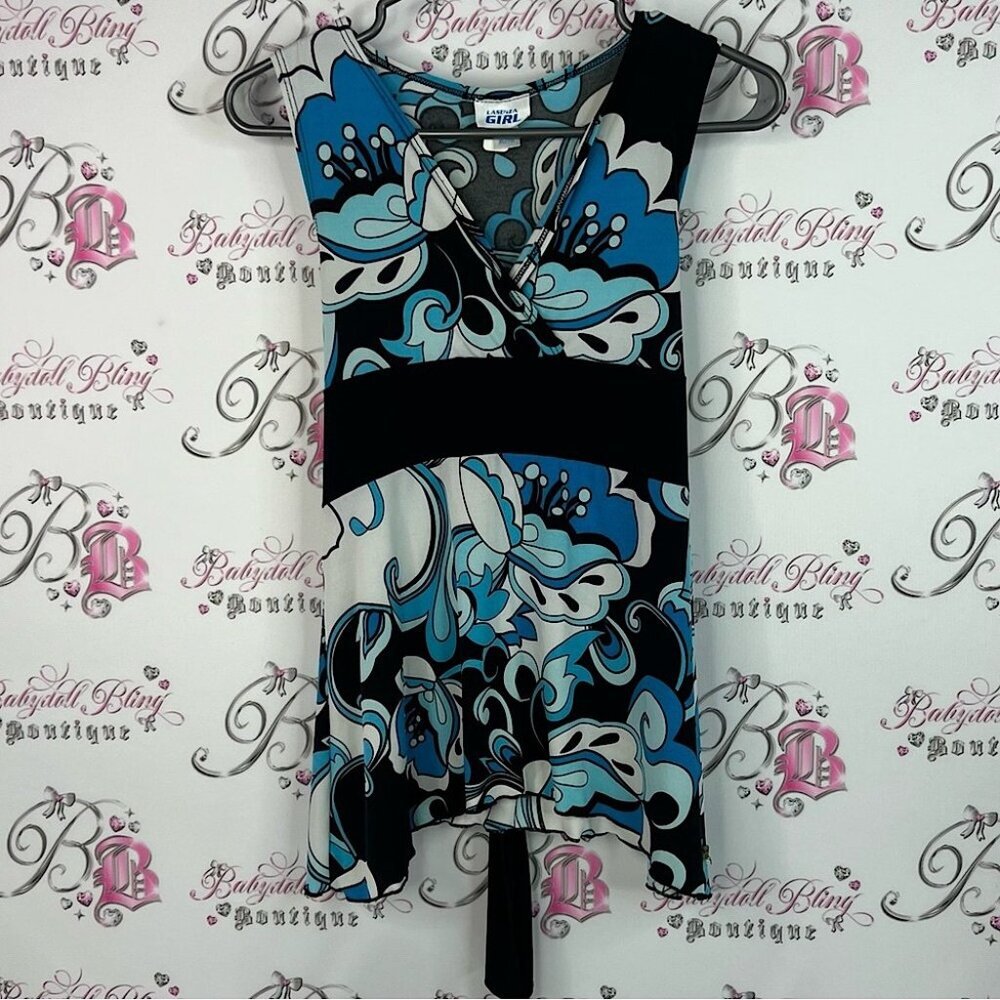 La SENZA girl tank top y2k swirl flowers Blue and Black Floral tie up